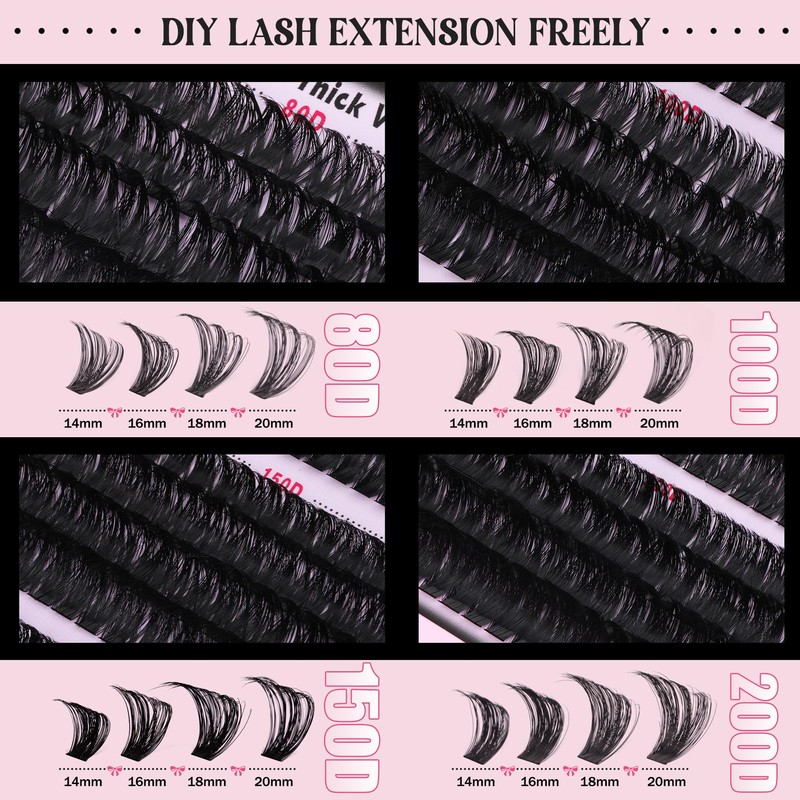 Goddvenus Eyelashes Cluster Lashes 14-20mm Thick Fluffy Individual Eyelashes 80D-200D