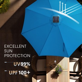 wikiwiki 10ft Solar Led Patio Umbrella, Sturdy Outdoor Market Umbrella for Deck, Pool, Garden w/Tilt, Crank, 32 LED Lights, Royal Blue