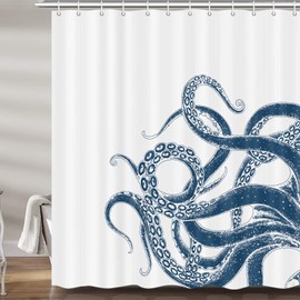Octopus Decor Shower Curtain for Bathroom, Funny Blue and White Sea Monster Kraken Animal Fabric Shower Curtains Set, Unique Novelty Nautical Kids Restroom Accessories with Hooks 72X72Inches