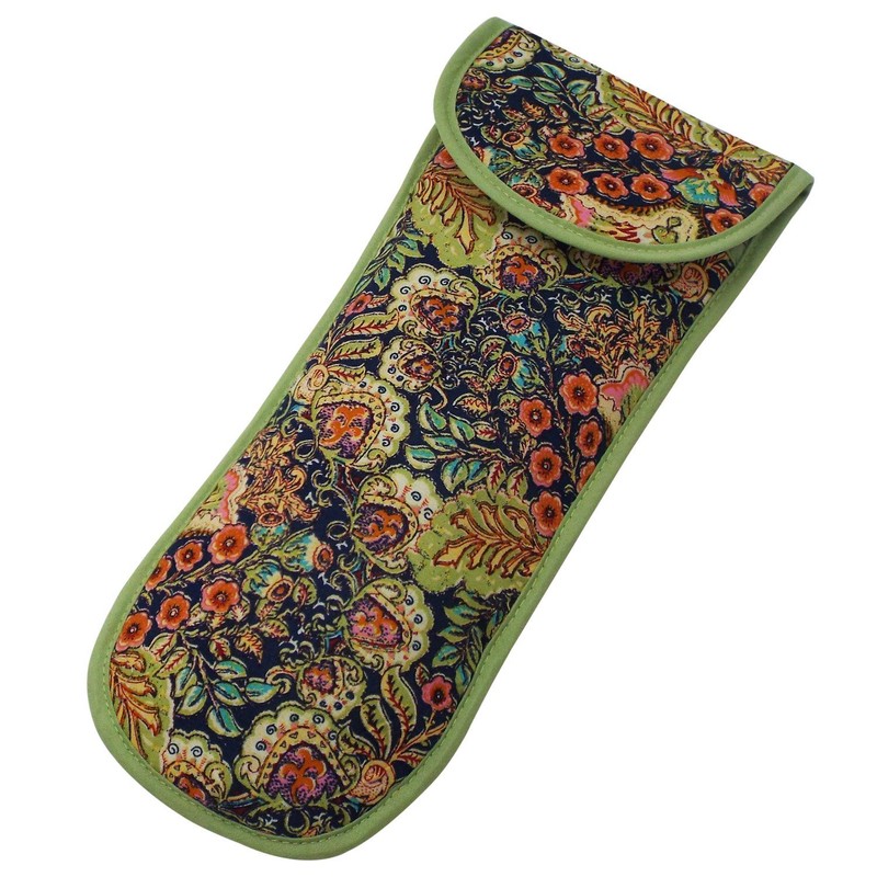 Heat-resistant Flat Iron Cover- Navy with Floral Pattern and Green