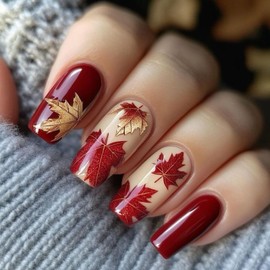 Fall Press on Nails Medium Fake Nails with Designs Maple Leaf Stick on Nail Square Acrylic False Nail Thanksgiving Artificial Nail Press ons Glossy Full Cover Glue on Nails for Women 24Pcs
