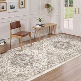 Vintage Hallway Runner Rug 3x8: Large Soft Washable Entryway for Kitchen Laundry Room Non-Slip Backing Runner for Entrance Living Room Bedroom Bathroom - Light Brown