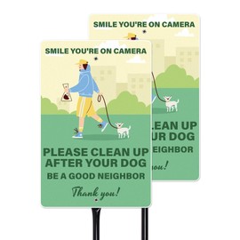 ASUNO 2 Pack Clean Up After Your Dog Signs 12 × 8 Inch with Stake Smile You're on Camera Aluminum No Pooping Dog Weather Resistant Signage for Yard Lawn Outdoor