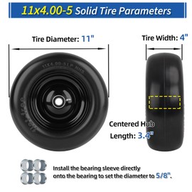 11x4.00-5” Flat Free Lawn Mower Tire and Wheel with Bearing Bore 3/4" or 5/8", 3.4"-4"-4.5"-5" Centered Hub, Smooth Tread Tire for Zero Turn Mowers, 2 Pack