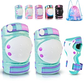 NEMONE - Rodilleras para niños, rodilleras y coderas con bolsa de cordón, juego de equipo protector reflectante ajustable para patines de rodillos, bicicleta, ciclismo, monopatín, scooter, color verde