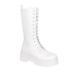 Liliana Women's Knee High Platform Boots Buckle Lace Up Combat Booties, Side Zip-up Mid-Calf Boots Monique-1 boots White 7