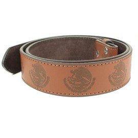 Mexico Coat of Arms Leather Belt Strap Without Buckle 1.5" Wide with Snaps - Eagle with Rattlesnake Mexican Pride, Brown, Small (28-30)