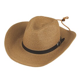 haozaikeji Vintage Straw Cowboy Hat with Leather Belt Summer Sun Protection Panama Hat with Adjustable Chin Rope Hand-Woven Western Cowboy Hat Fedora Trilby Hat for Travel Beach Holiday Khaki