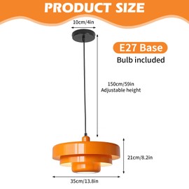 Kuabiz Mid Century Pendant Lamp 13.78 inch Orange Hanging Pendant Light with 3-Layer Metal Shade and Adjustable Vintage Ceiling Pendant Light for Bedroom Kitchen Island Dining Room