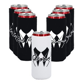 LADY & HOME Set of 7 Bachelor Party Can Cooler,Groom and Groomsman Slim Can Sleeve,Collapsible Can Holder for Bachelor Party (Black-Slim-Squiggles)