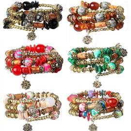 JeryWe 44 Pcs 6 Set Boho Beaded Bracelets for Women,Multi-Layer Stretch Bangles Charm Tassel Bracelet Stackable Elastic Bracelet