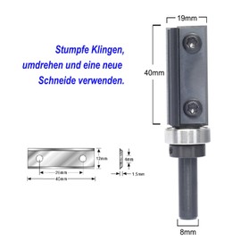 Sinoprotools Reversible Plates Flush Cutter, 8 mm Shank Cutting Length 40 mm, Flush Cutter with 4-Sided Interchangeable Carbide (HW), with Ball Bearings, for Woodworking, Flush Trimming (S=8, Diameter