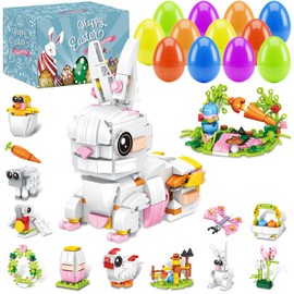 Ambdes 12 PCS Prefilled Easter Eggs with Bunny Building Toys, Easter Basket Stuffers Gifts for 3-8 Year Old Kids Toddlers, 12 in 1 Rabbit Building Blocks Sets, Party Favors Classroom Prize Supplies
