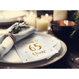 Cheers to 65 Years Cocktail Napkins | Happy 65th Birthday Decorations for Men and Women and Wedding Anniversary Party Decorations | 50-Pack 3-Ply Napkins | 5 x 5 inch folded (White)