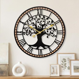 JXQXYN Large Wall Clock,14“ Tree of Life Metal & Wood Wall Clock with Bird Design,Decorative Non-Ticking Wall Clock for Living Room,Farmhouse Home Decor