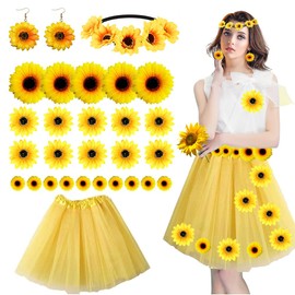 Women's Sunflower Costume, Tutu Skirt Yellow Tulle Skirt + 1 Pair of Sunflower Dangle Earring + Sunflower Headband Hair Accessories + 25 Pieces Sunflower Flower Heads for Carnival Theme Party Cosplay,