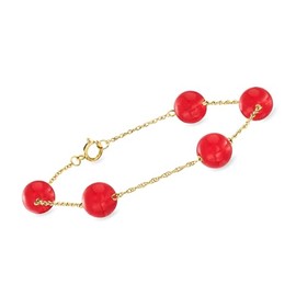 Ross-Simons 8mm Red Coral Bead Station Bracelet in 14kt Yellow Gold. 7 inches
