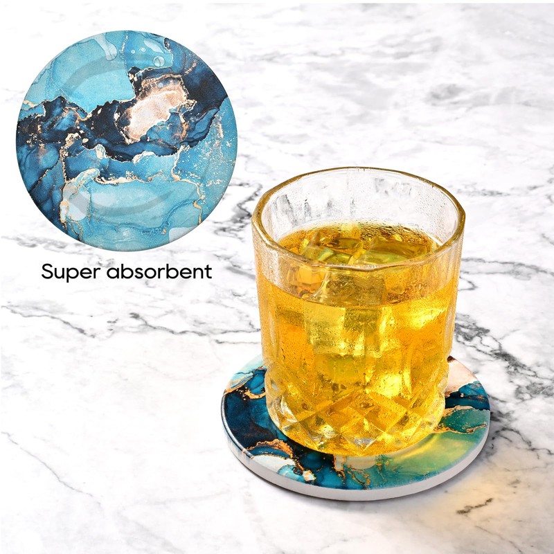 CoColemon Light Blue Thirstystone Coasters Set of 6, Marble Abstract