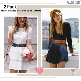 WERFORU 2 Pack Women Elastic Wide Belts for Dresses Fashion Stretchy Waist Belt with Gold O Ring Buckle Black/Brown