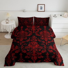 Feelyou Red Black Vintage Damask Floral Comforter Set Oriental Antique Bedding Set King Size for Boys Girls Bedroom Bed Decor Gothic Bohemia Floral Comforter Luxury Flower Bed Set for All Season