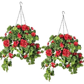 2 Set Fake Handing Baskets Silk Flowers Geraniums for Outdoors UV Resistant, Red, 15" x 30" x 15", Patio Deals Geraniums Artificial Flowers Realistic, Balcony Decor