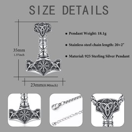 Thor's Hammer/Odin/Valknut/Vegvísir/Crow/Viking Necklace 925 Sterling Silver Viking Pendant Chain Amulet Jewellery Gifts for Men and Women, Sterling Silver, No Gemstone
