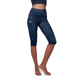 ODODOS Women's Knee Length High Waisted Yoga Capri Leggings with Pockets, Printed Workout Running Sports Athletic Yoga Capris, Navy Stone, Medium