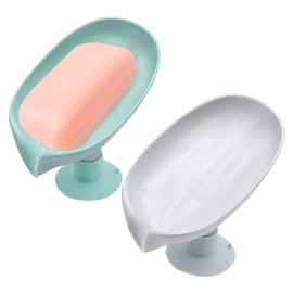OVBOVA Soap Dish, Pack of 2 Soap Dish with Drain, Leaf-shaped Soap Dish with Drain Soap Dishes for Bathroom, Kitchen Sponge Holder with Strong Suction Cup, Removable for Kitchen, Bathroom, Shower Room