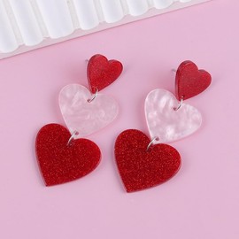 Dreuyet 2 Pairs Heart Earrings Valentine's Day Earrings Glitter Red Pink Heart Earrings Hot Pink Heart Earrings Cute Love Dangling Heart Earrings Lightweight Acrylic Heart Earrings for Women, Middle,