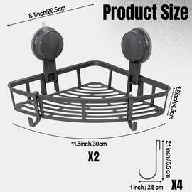 GQIRIL Corner Shower Caddy Shelves - 2PCS Suction Cup Shower Organizer Shelf with 4 Hooks, No Drilling Rustproof Bathroom Caddies Storage, Adhesive Stainless Steel Wall Hanging Rack for Toilet Kitchen
