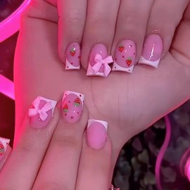 MERVF Short Press on Nails Square Fake Nails White French Tip Glue ons Pink Cute Squoval Acrylic False Nail with Bow Strawberry Design Glossy 24pcs