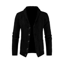 JMIERR Men's Cardigan Sweaters Fall Casual Long Sleeve Shawl Collar Button-Down Wool Blend Cable Knit Essentials Fisherman Sweater with Pockets,XL,Black