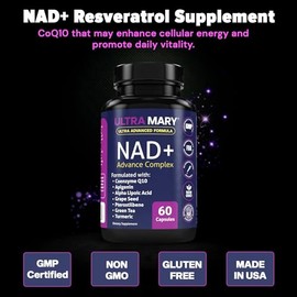 Suplemento de resveratrol NAD+ - Fórmula de longevidad con nicotinamida adenina dinucleótido con CoQ10, fórmula antienvejecimiento de apigenina y cúrc