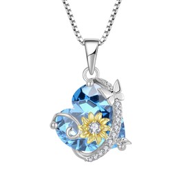 Oskani Butterfly Sunflower Heart Necklace for Women, 925 Sterling Silver Cubic Zirconia March Birthstone Aquamarine Color Pendant Jewelry, Birthday for Wife Her