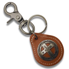 Evenchae Leather Keychain - Cross Medallion Concho - Gift Bag - Unisex 4.5 in L (Tan & Silver)