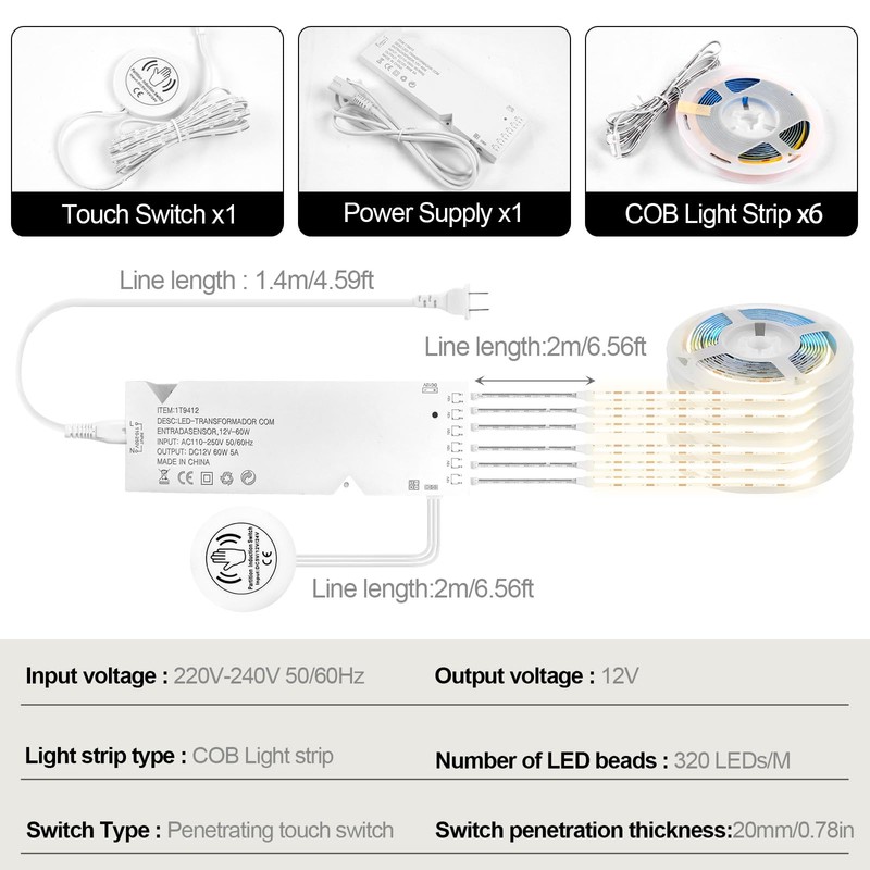 COB LED Strip 6pcs 3.3FT, Self-Adhesive LED Strips, 12V Acoustic