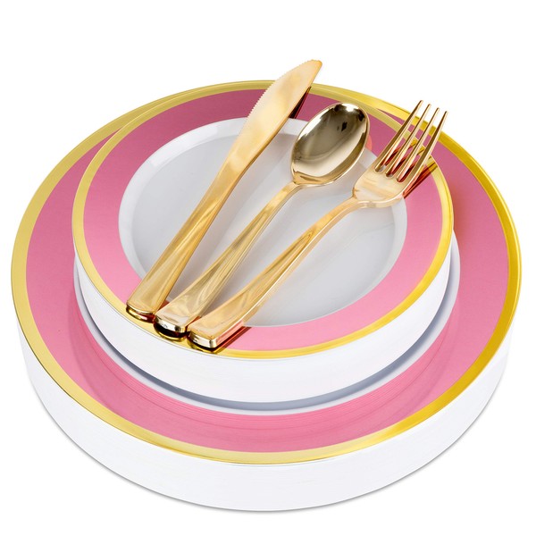 125-Piece White, Pink, and Gold Fancy Plastic Plates Disposable with Silverware, Elegant Dinnerware for Weddings, Holiday Party China, Set of 25 Dinner + Salad Plates, 25 Spoons, 25 Forks, 25 Knives