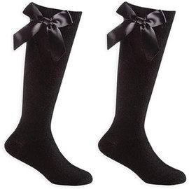 COSHAL® 2 Girls Knee High School Cotton Socks with Fluffy Ribbons Bow, Back to School Socks Uniform Party Comfort Fit Long Sock's Stocking Girls Knee High Kids School Sock Size 12-3 Black KHB