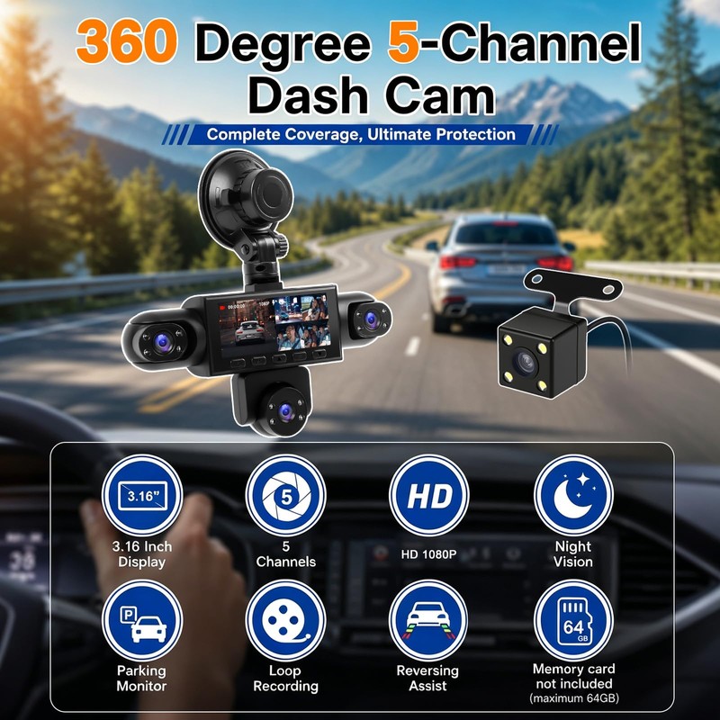 Volxcereo 5 Channel Dash Cam Front and Rear Left Right