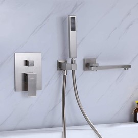 Wall Mounted Bathtub Faucet with Handheld Shower, Solid Brass Bathroom Shower Faucet with 180° Swivel Water Spout Modern Single Handle Tub Filler with Balanced Valve, Brushed Nickel
