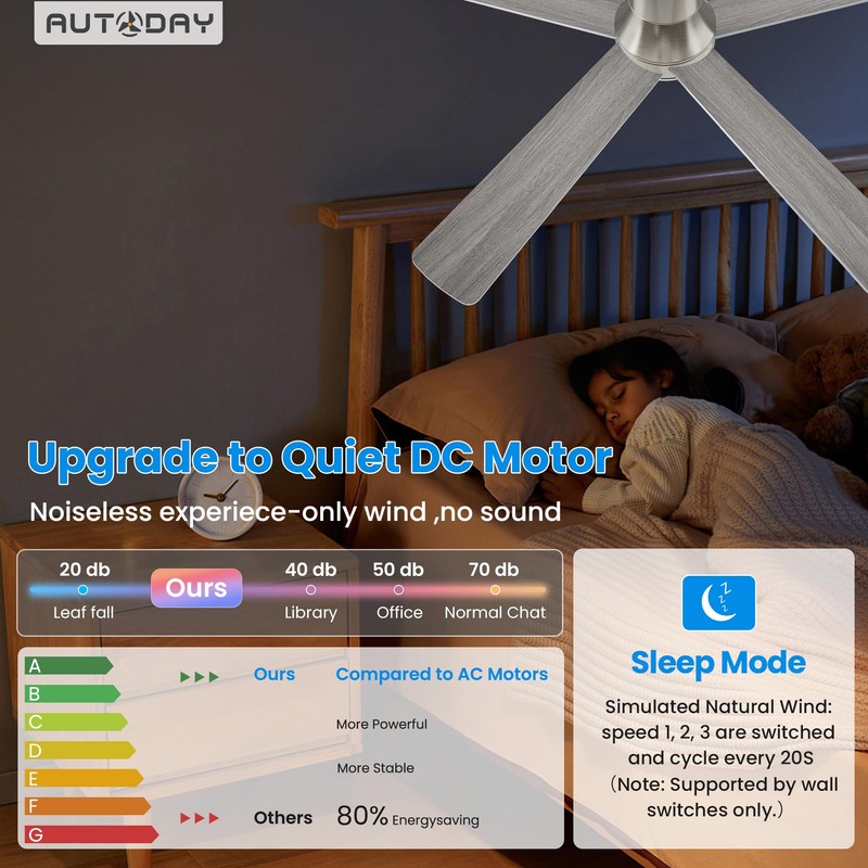 Autoday 52 Inch Low Profile Ceiling Fan with Light, Burshed