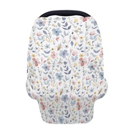 5-in-1 Unisex Pastel Flowers Floral Leaves Pattern Baby Carseat Stroller Cover for Boys Girls, Infant Toddler Privacy Nursing Breastfeeding Canopy, Grocery Shopping Cart Cover-24x28