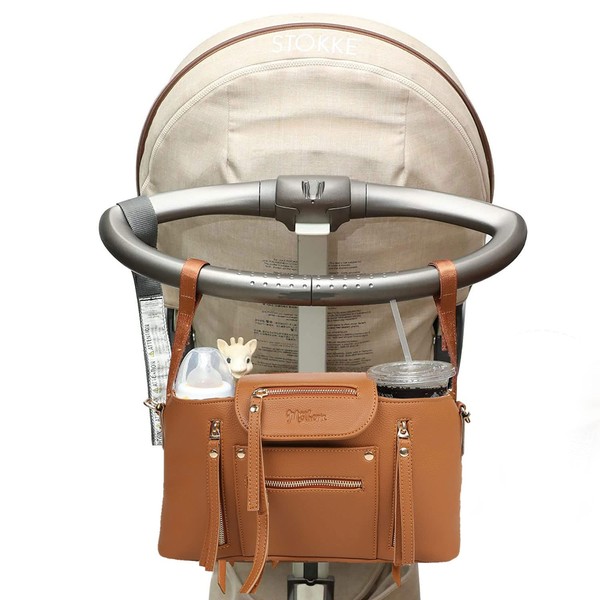 Motheric Brown Vegan Leather Baby Buggy Universal Pram Caddy Organiser - Stroller Pushchair Organizer with Cup Holder accessories - Shoulder Bag