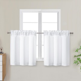OWENIE White Light Filtering Short Curtains Tier 24 Inch Length 2 Panels Set, Small Kitchen Curtains Over Sink, Half Window Cafe Curtain for Bathroom Basement Cabinet Camper,Each 30" Wx24 L, White