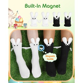 Swooflia Funny Magnetic Hand-Holding Bunny Socks 2 Pairs – Crazy Fun Novelty Gifts for Teens, Women, Men, Couples, Friends White Black