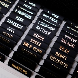 UPAFEXXI-Laminated Bible Tabs (Gold Foil Embossed Lettering), Bible Tabs for Women and Men, Reposition Large Print Stickers, Easy to Read and Apply, 80Chapters Labels for Easy Navigation(Black)