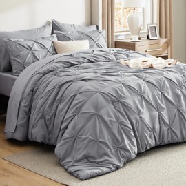 Bedsure Bedsure Queen Comforter Set Grey - Bed in a Bag Queen Size 7 Pieces, GentleSoft? Pintuck Bed Set Gift for Family, Pinch Pleat Grey Comforter with Sheets, Pillowcases & Shams