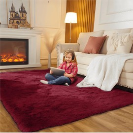 SUBEEN Rug, Living Room Shaggy Rug, High Pile Rug, Long Pile Rug, Children's Room, Modern Batik Rug, Teenager's Room, Fluffy Rug (Claret, 80 x 120 cm)