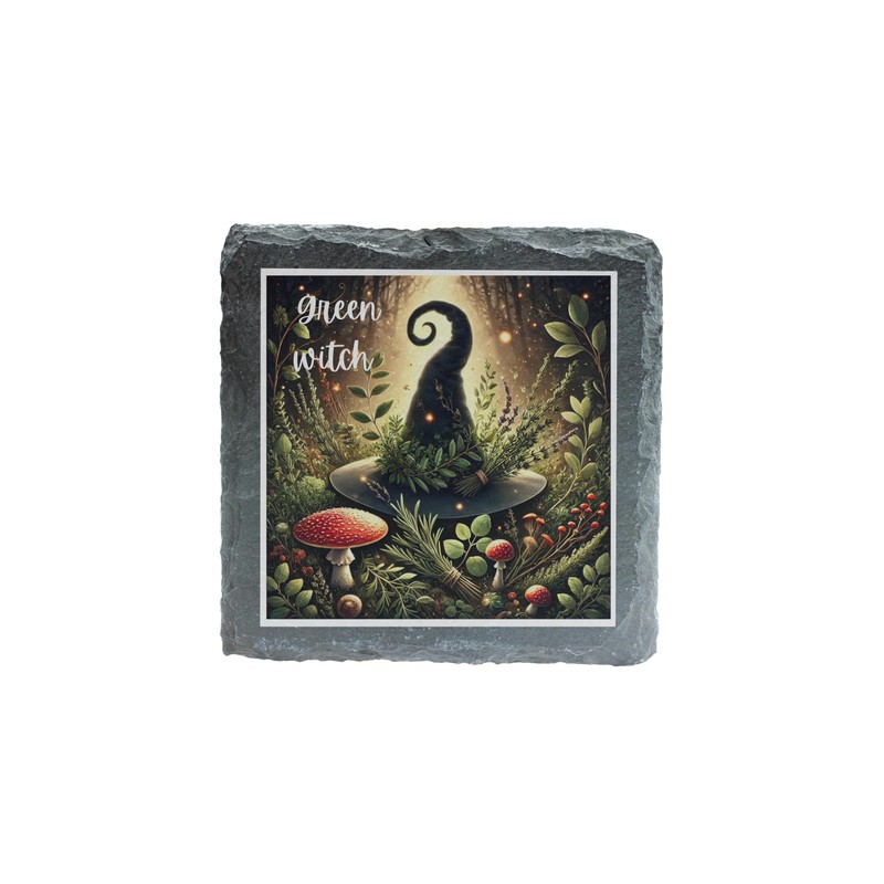 Green Witch Slate Coaster – Mystical Herb and Nature Design