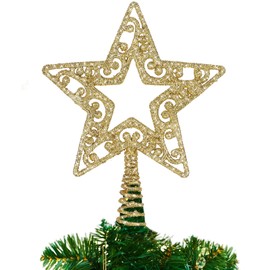 party greeting 8 Inch Christmas Star Tree Topper Glitter Xmas Tree Topper 5 Point Star Treetop Ornament Metal Hollow Designed for Christmas New Year Holiday Tree Decorations (Gold)